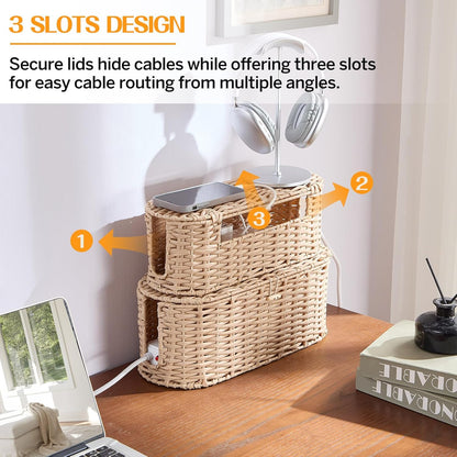 FairyHaus Cable Management Box 2Pack Caramel, Handwoven Large and Small Cable Organizer Box Cover to Hide Cords and Power Strip, Imitation Wicker Cord Organizer Box Hider for Office Desk and Floor