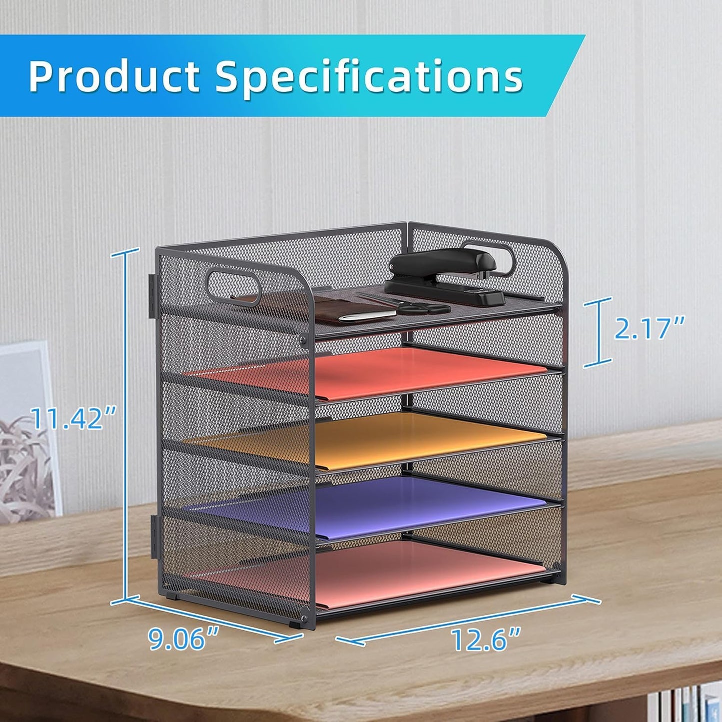 Supeasy 5 Trays Paper Organizer Letter Tray with Handle-Mesh Desk File Holders, Paper Sorter Desk Organizer for Office, Home, Classroom or School, White