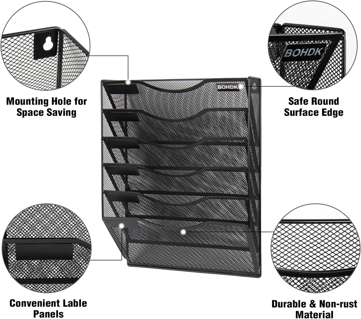 BOHDK Wall File Organizer, 6 Tier Hanging File Folder Mail Organizer, Vertical Mesh Metal Wall Mount Hanging File Holder, Paper Document Magazine Rack for Home Office Black