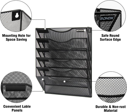 BOHDK Wall File Organizer, 6 Tier Hanging File Folder Mail Organizer, Vertical Mesh Metal Wall Mount Hanging File Holder, Paper Document Magazine Rack for Home Office Black