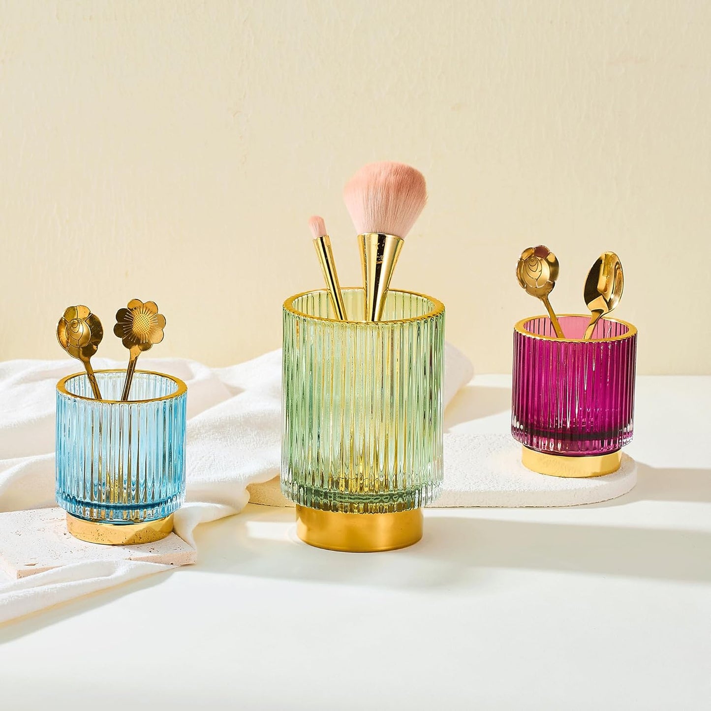 Makeup Brush Holder Organizer,Toothbrush Holders,Desk Pen Pencil Holder,Multifunctional Vintage Glass Brush Cup（L/Green/A3-6-US）