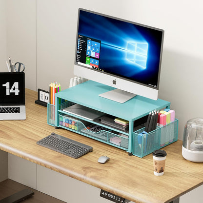 OPNICE Desk Organizer and Accessories, 2-Tier Computer Monitor Stand Riser with Drawer and 2 Pen Holders, Laptop Stand, Office Desk Accessories for Office Supplies, Black