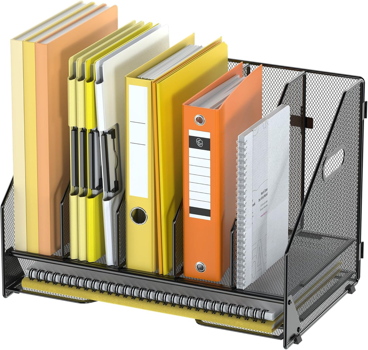 Docnest Desk File Holder Sorter, 4 Vertical Compartments Rack with Letter Tray, Mesh Magazine File Holder with Handle,Workspace Organizers,Desk Organizers for Paper, Mail, Documents-Black