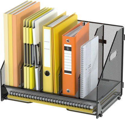 Docnest Desk File Holder Sorter, 4 Vertical Compartments Rack with Letter Tray, Mesh Magazine File Holder with Handle,Workspace Organizers,Desk Organizers for Paper, Mail, Documents-Black