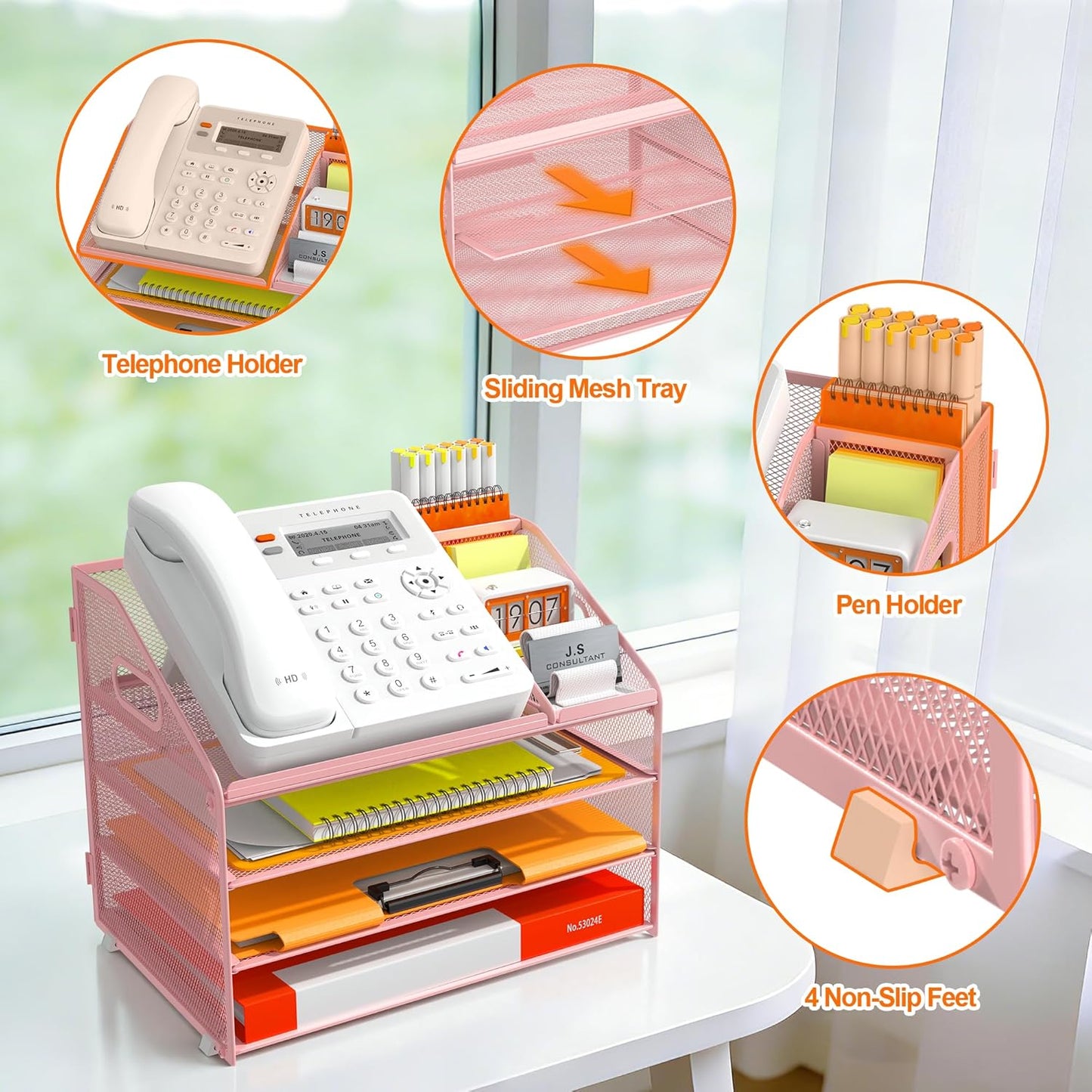 DocNest 4 Tier Metal Mesh Letter Tray - Space Saving Desk File Organizer with Handle, Pen Holder & Folder Holder - Desktop Document Sorter for Office, Home, School, Classroom - Black
