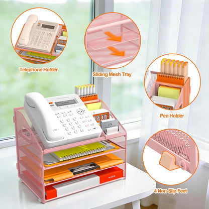 DocNest 4 Tier Metal Mesh Letter Tray - Space Saving Desk File Organizer with Handle, Pen Holder & Folder Holder - Desktop Document Sorter for Office, Home, School, Classroom - Black