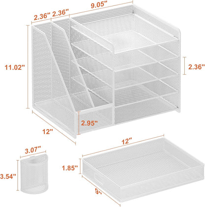 Marbrasse Desk Organizer with File Holder, 5-Tier Paper Letter Tray Organizer with Drawer and 2 Pen Holder, Mesh Desktop Organizer and Storage with Magazine Holder for Office Supplies(Black)