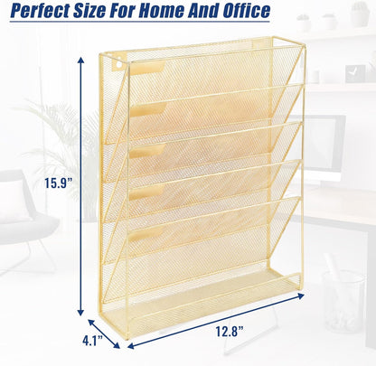 EASEPRES Desk File Organizer Mesh 6-Tier, Hanging Wall Mount Document Organization Stand, Desktop Vertical Mail Paper Folder Holder Rack with Bottom Tray for Office Home Cubicle Countertop, Black