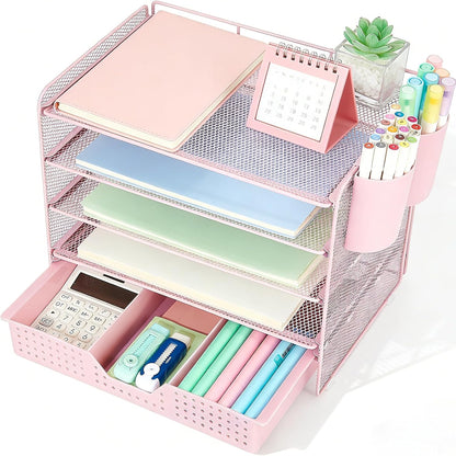 LEKETREE Desk Organizers and Accessories, 5-Tier Paper Letter Tray Organizer with File Holder, Desktop Organizer for Office Supplies (Black)