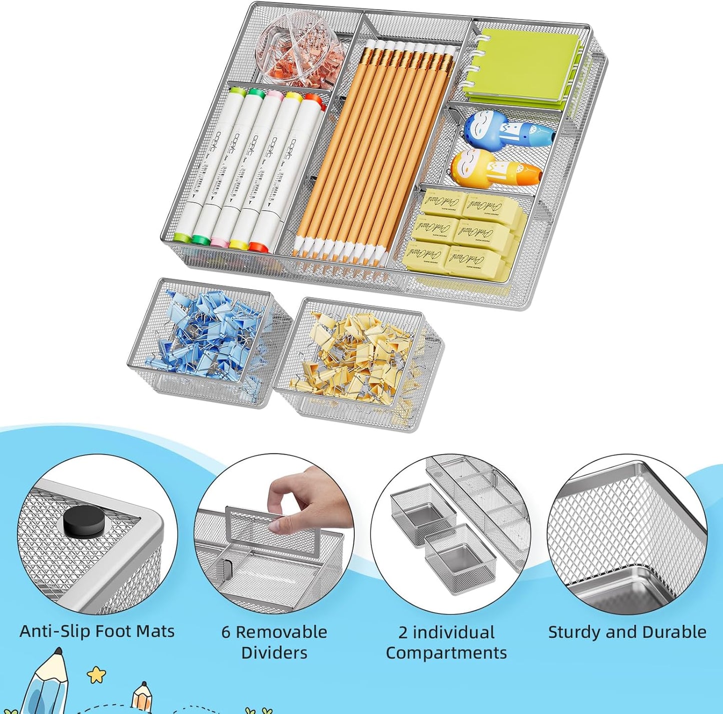 Marbrasse 3 Packs Desk Drawer Organizers, Metal Mesh Dividers Desk Drawer Organizer Tray with 9 Adjustable Compartments, Pen Organizer for Drawer Tray Box Accessories for Desktop,Kitchen, Makeup