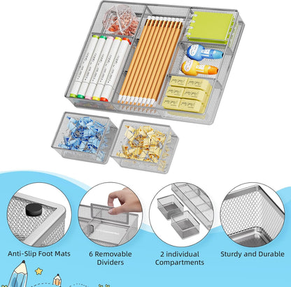 Marbrasse 3 Packs Desk Drawer Organizers, Metal Mesh Dividers Desk Drawer Organizer Tray with 9 Adjustable Compartments, Pen Organizer for Drawer Tray Box Accessories for Desktop,Kitchen, Makeup