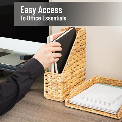 Mind Reader Rattan Vertical File Organizer with Iron Frame, Desktop Organizer, Holds Letter Size Documents, Brown