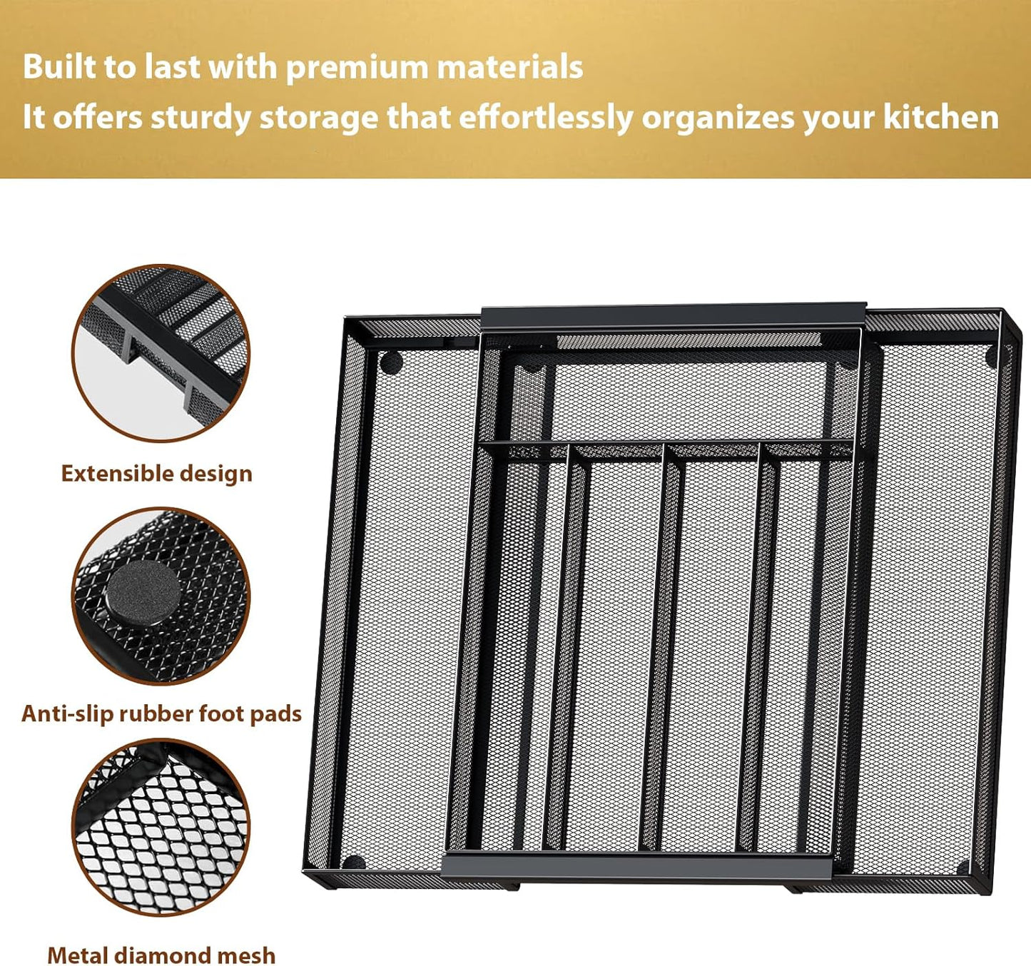 Sedegn Silverware Organizer Metal Mesh, Small Drawer Organizer, Utensil Cutlery Tray for kitchen drawers, Flatware Organizer with 5 Compartment, Black(9.3"*12.6")