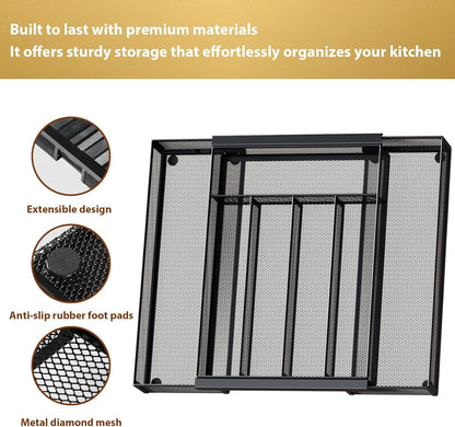 Sedegn Silverware Organizer Metal Mesh, Small Drawer Organizer, Utensil Cutlery Tray for kitchen drawers, Flatware Organizer with 5 Compartment, Black(9.3"*12.6")