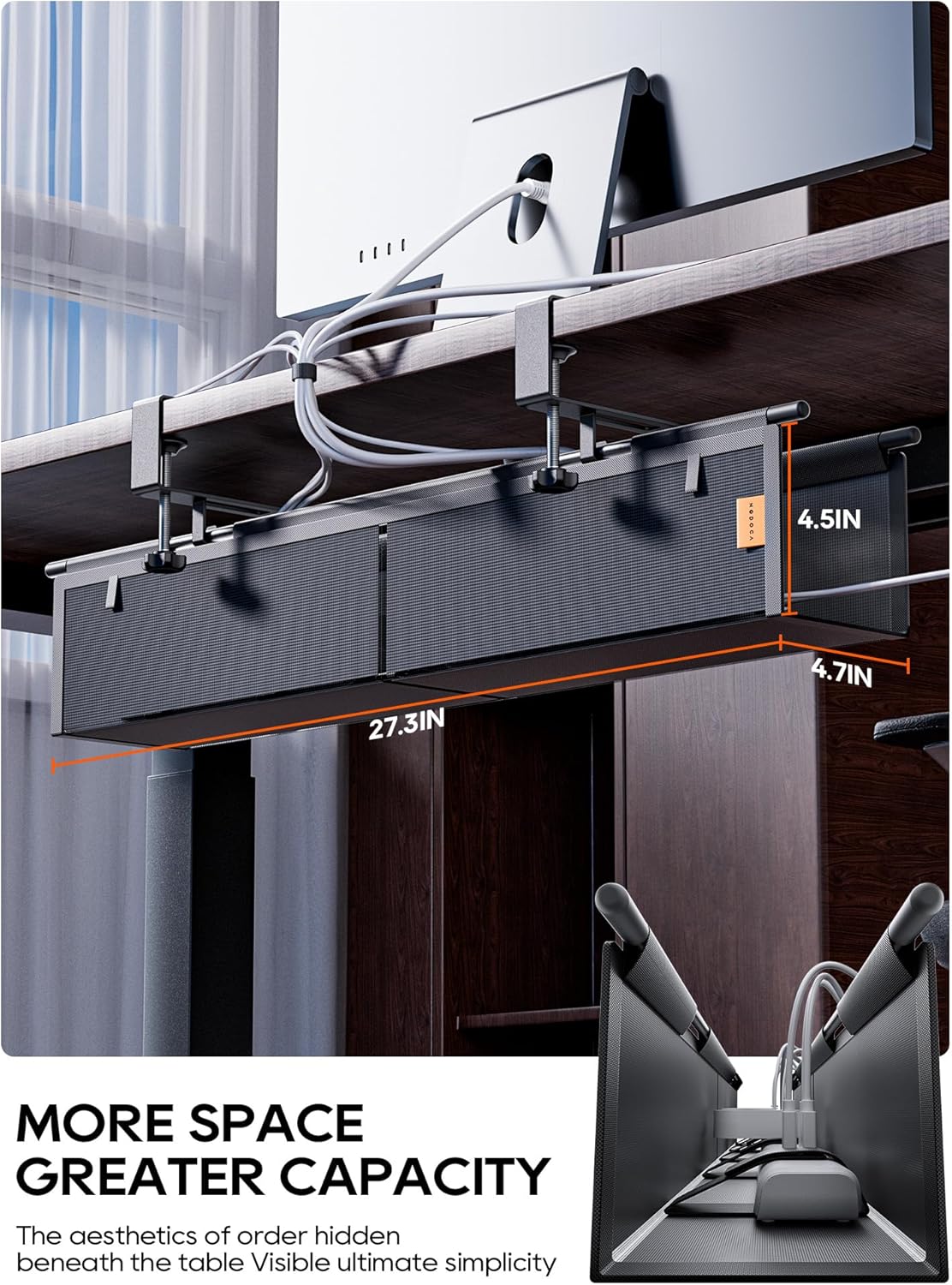 Under Desk Cable Management Tray No Drill, Cable Ties Included, Eco-Friendly Canvas Material, Mesh Design for Heat Dissipation, Cable Organizer/Storage for Standing Desk(27inch, Black)