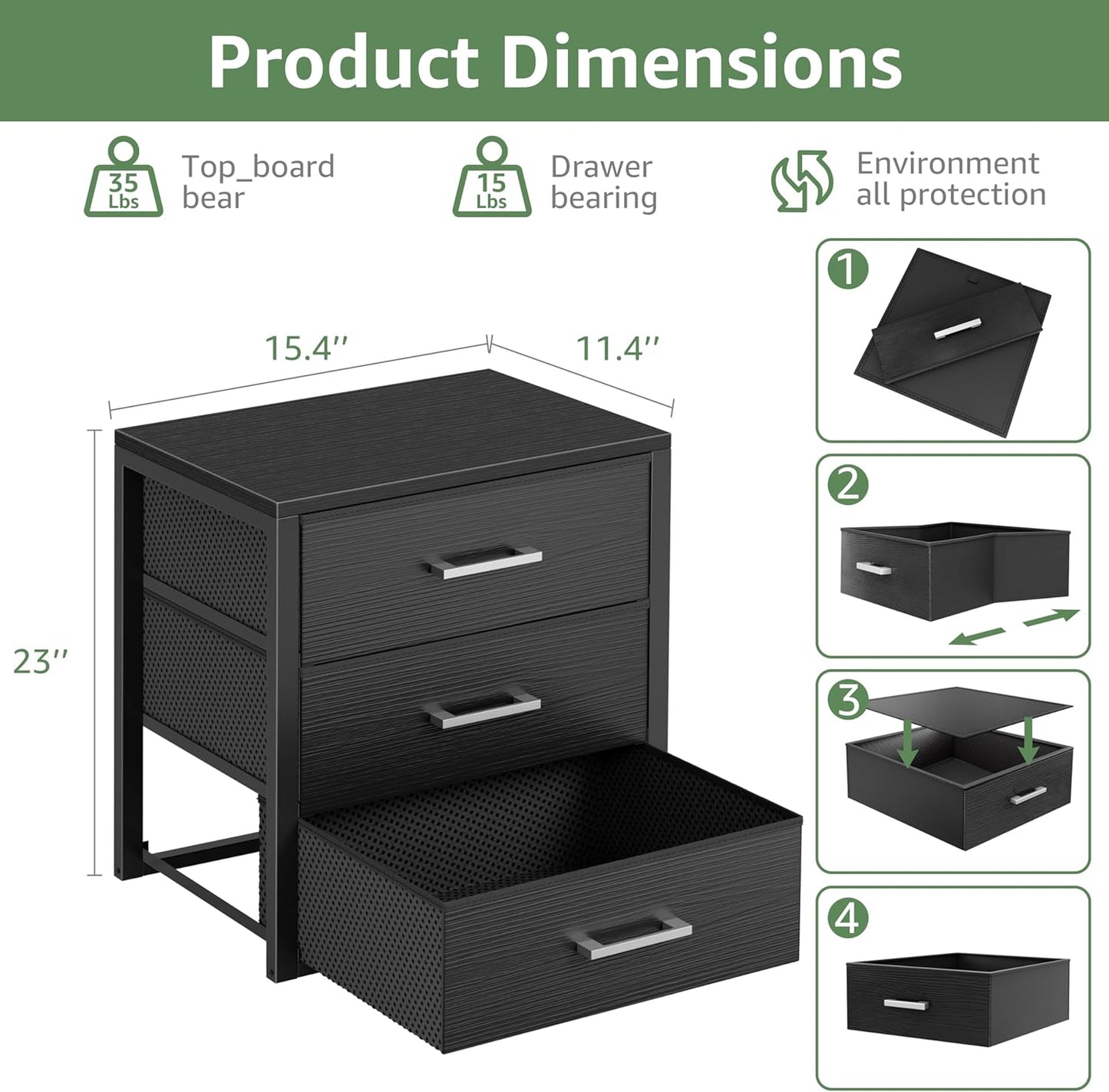 BOLUO Closet Drawers Black Fabric 3 Drawer Small Dresser for Closet Organizers and Storage Bedroom Dorm Modern