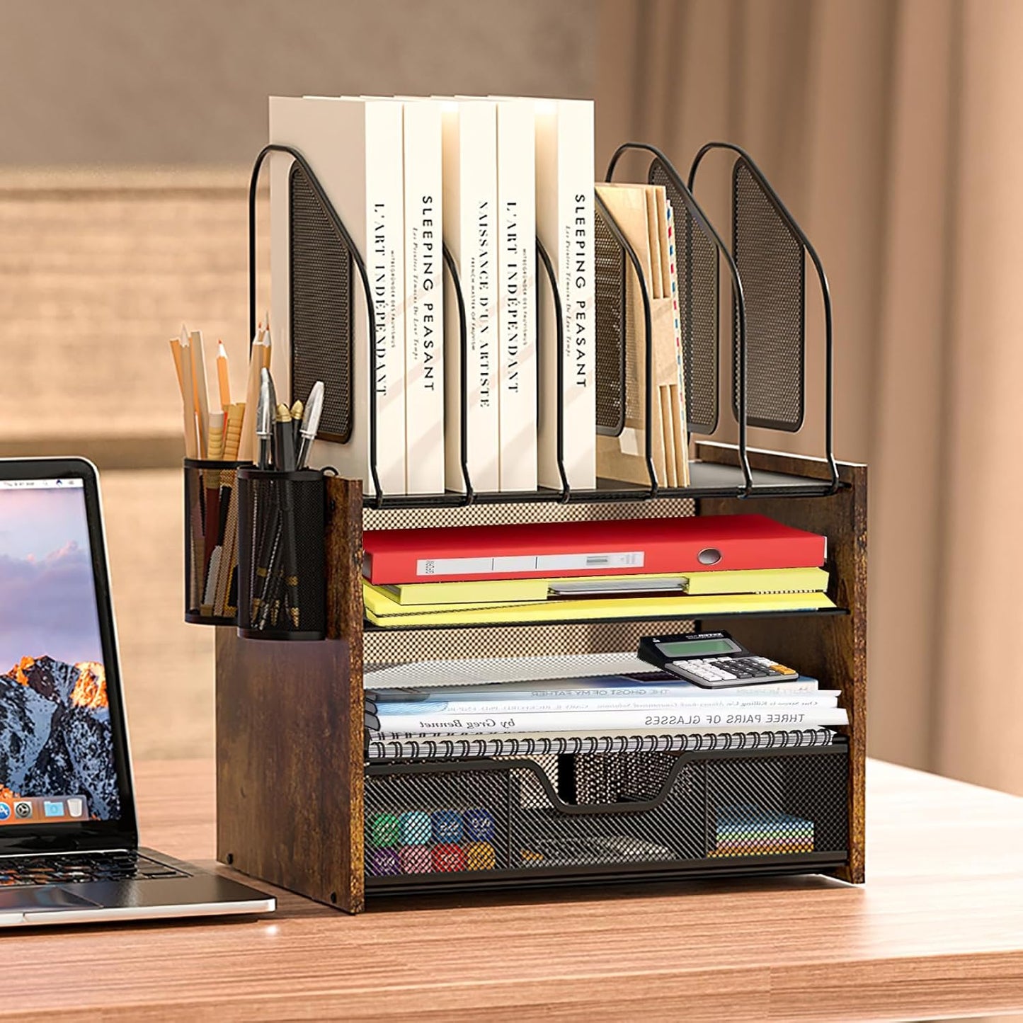 Wood Desk Organizer - 3-Tier Desktop File Organizer with Drawer, Wooden Paper Tray, Office Desk Organzier and Accessories for Papers, Mail, Notebooks, Stationery