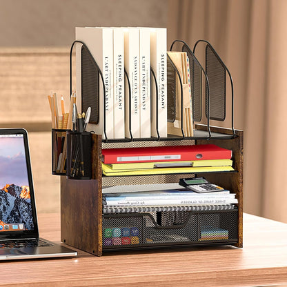 Wood Desk Organizer - 3-Tier Desktop File Organizer with Drawer, Wooden Paper Tray, Office Desk Organzier and Accessories for Papers, Mail, Notebooks, Stationery