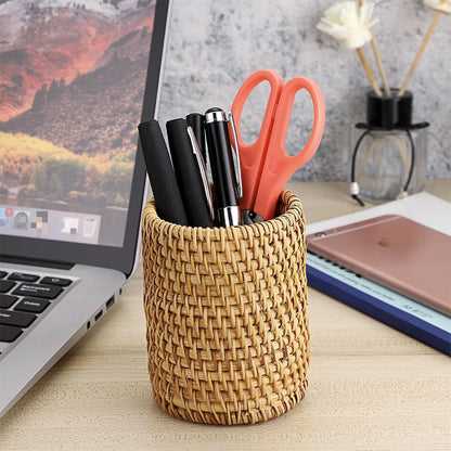 BTSKY Rattan Pen Cup, Handmade Desk Pencil Holders Makeup Brush Holder Multi-Functional Woven Basket Office&Home Desktop Organizer(Cone)