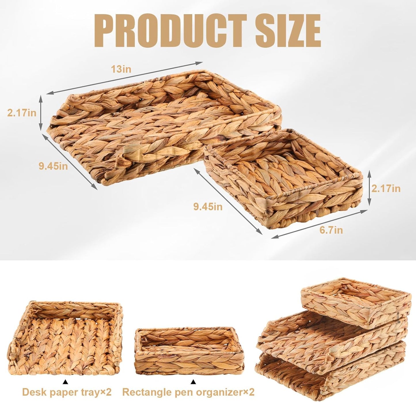 Geelin 3 Pack Water Hyacinth Woven Stackable Desk Organizer Letter Tray, Brown Tabletop Desk Basket for Storage Paper Letter Folders Notebooks Copy Print, Workspace Holder