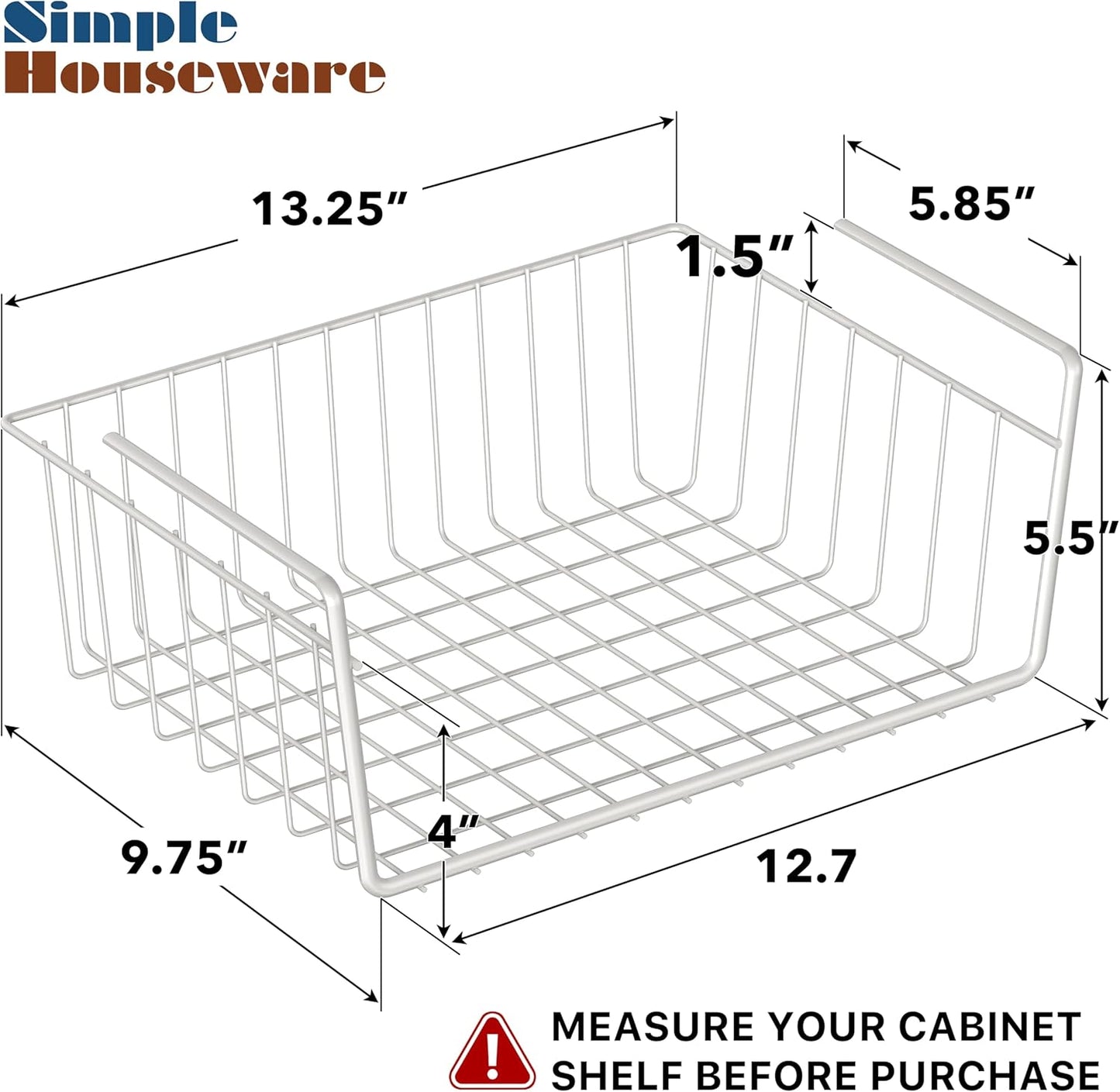 Simple Houseware Under Shelf Basket, White – 2-Pack Space-Saving Storage Organizer for Kitchen, Pantry, Closet, Office – Wire Metal Shelf Organizer, No Tools Required