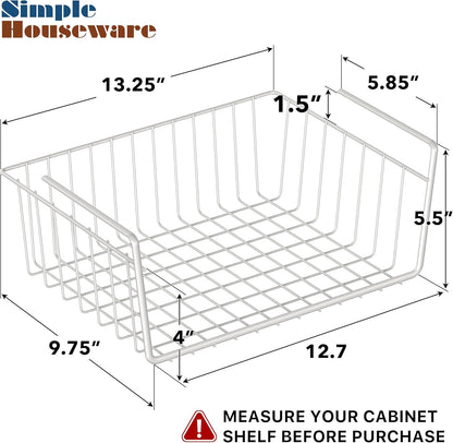 Simple Houseware Under Shelf Basket, White – 2-Pack Space-Saving Storage Organizer for Kitchen, Pantry, Closet, Office – Wire Metal Shelf Organizer, No Tools Required