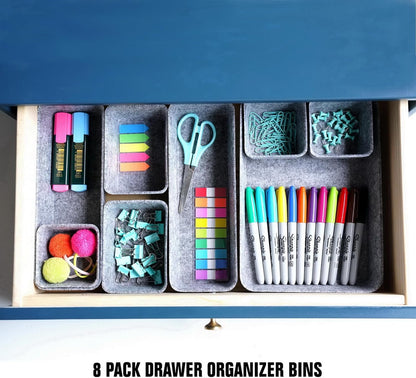 Welaxy Desk Drawer Organizer Tray Set, 8-Piece Office Drawer Organizers for Pens, Makeup, Keys, Crafts, Entryway Catchall, Decluttering Storage (Hot Pink)