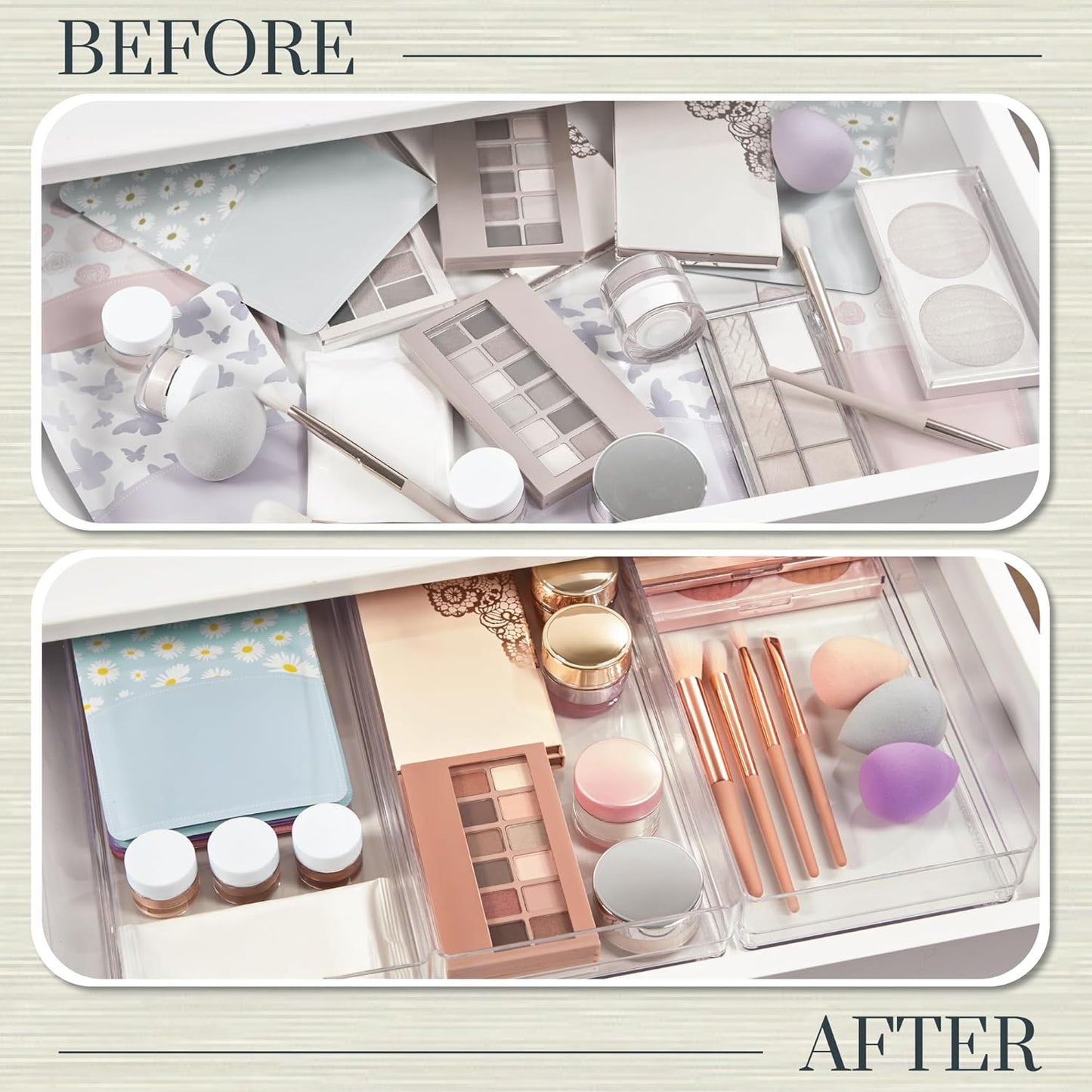 STORi SimpleSort 3-Piece Stackable Clear Drawer Organizer Set | 9" x 6" x 2" Rectangle Trays | Wide Makeup Vanity Storage Bins and Office Desk Drawer Dividers | Made in USA