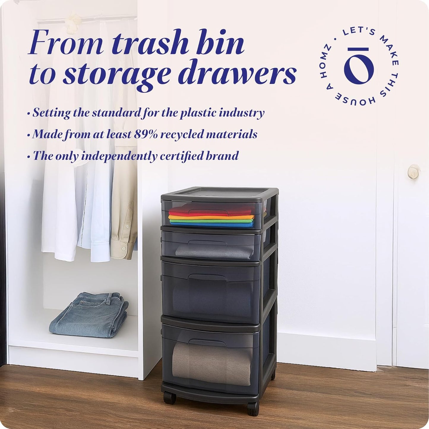 HOMZ Drawer Tower, 4-Tier Clear Plastic Storage Organizer Cart, Black Frame - Rolling Drawer Containers with Wheels for Bathroom, Bedroom, Office, and Classroom Organization