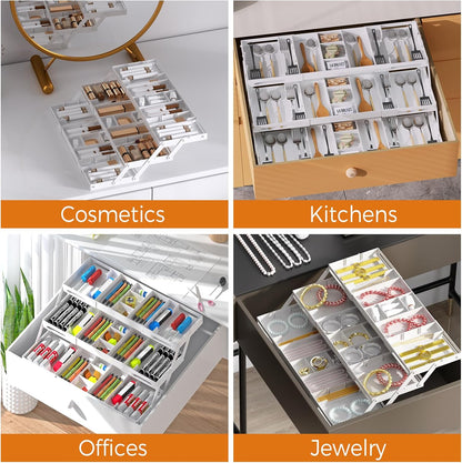 3 Tier Drawer Organizer - Expandable Junk Drawer Organizers Smart Office Supply Organizer, Folding Drawer Storage Multi-level Desk Organizer for Makeup,Jewelry,Cosmetics,Kitchen Storage (1 Row 3 Tier)