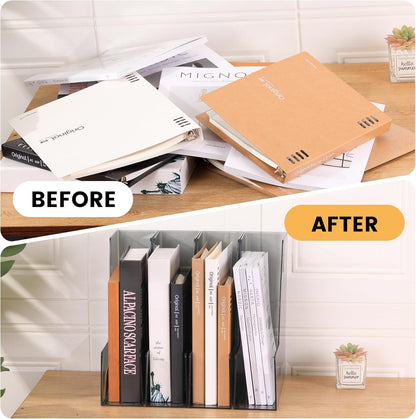 CiWiVOKi Vertical File Holder, Clear PET Desk Organizer and Storage Bins Holding for Magazines, Binders, Notebooks, Envelopes, Multi-purpose Plastic Document Organizer for Home Office, 4 pack
