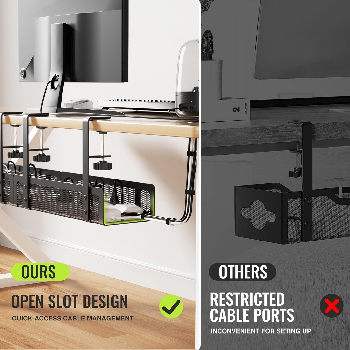 2 Pack Cable Management Under Desk Tray, 31.4" No Drill Under Desk Wire Management with Upgraded Clamp, Metal Cord Organizers for Desk with Cable Organizers, PC Cable Management Rack, Black