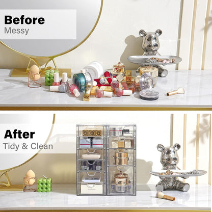 Prsildan Acrylic Makeup Organizer, 2 Pack Stackable Storage Drawers with 6 Drawers for Office Desk Vanity Craft Room Clear Drawer Organizers for Hair Accessories Art Supplies Cosmetics Modular System