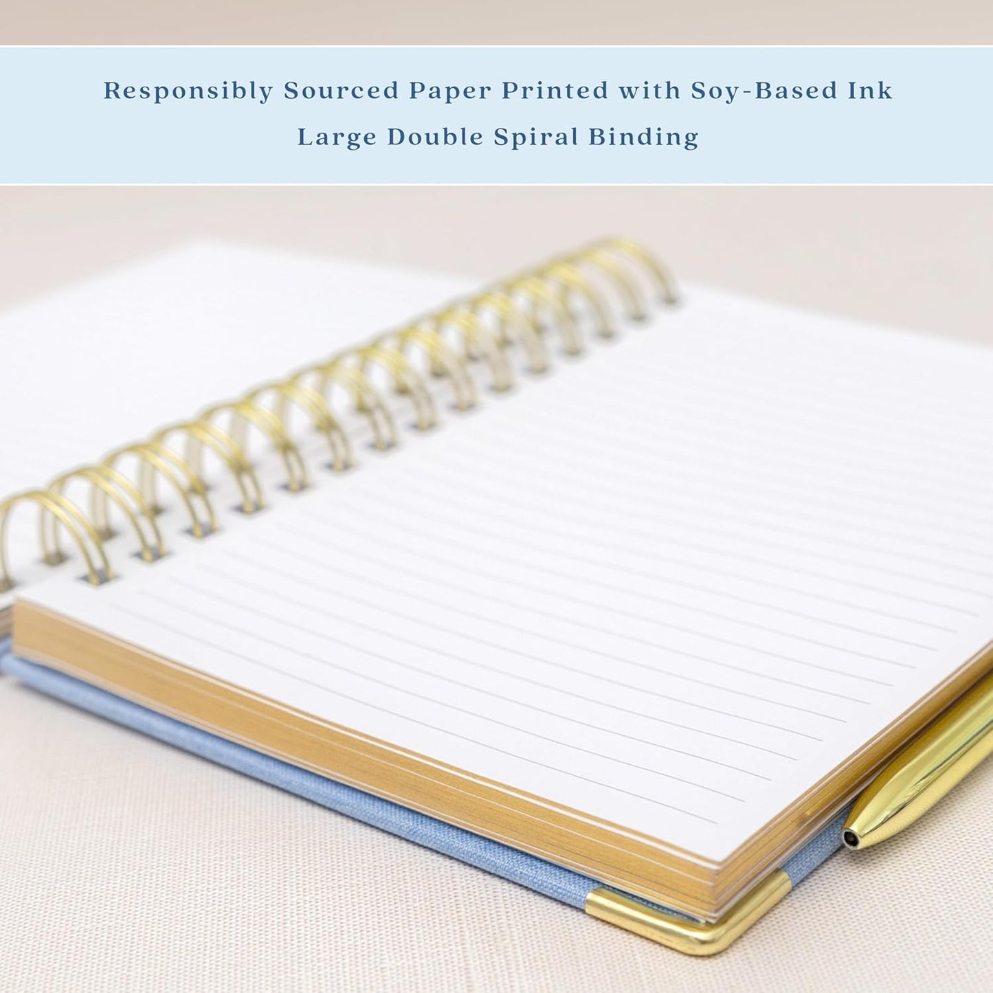 ELYN Lined Spiral Journal, Linen Hardcover Notebook with Matching Gold Gel Pen, 252 Pages, 8 in x 5 in - 100 GSM Premium Paper, Spiral Notebook for Home, Office, Notes & Gifts, (Linen)