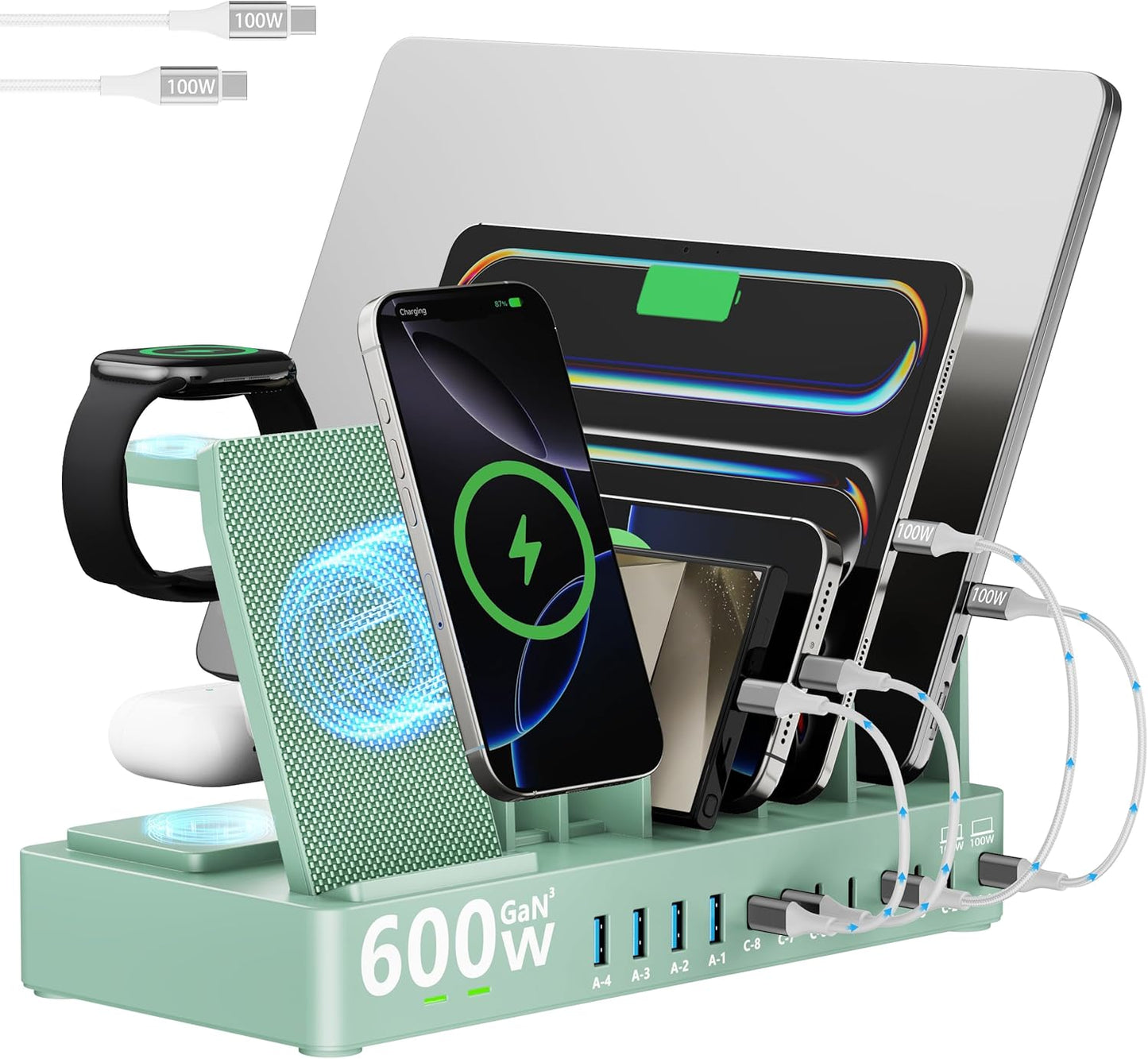 600w Charging Station for Multiple Devices, 15 in 1 Wireless Charging Station for Apple, Dual 100w USB C Tablet Charging Station for MacBook,iPhone,iPad,Tablet(Black)