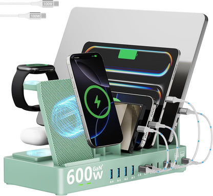 600w Charging Station for Multiple Devices, 15 in 1 Wireless Charging Station for Apple, Dual 100w USB C Tablet Charging Station for MacBook,iPhone,iPad,Tablet(Black)