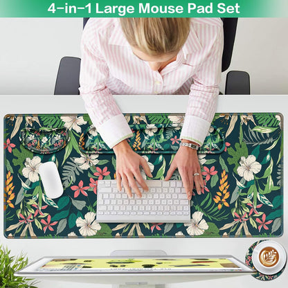 Desk Mat, Large Gaming Mouse Pad with Wrist Rest, 4in1 XXL Mousepad+Keyboard Wrist Rest+Mouse Pad Wrist Support+Cup Coaster Set Ergonomic Floral Computer Desk Arm Wrist for Decor Home Office Women