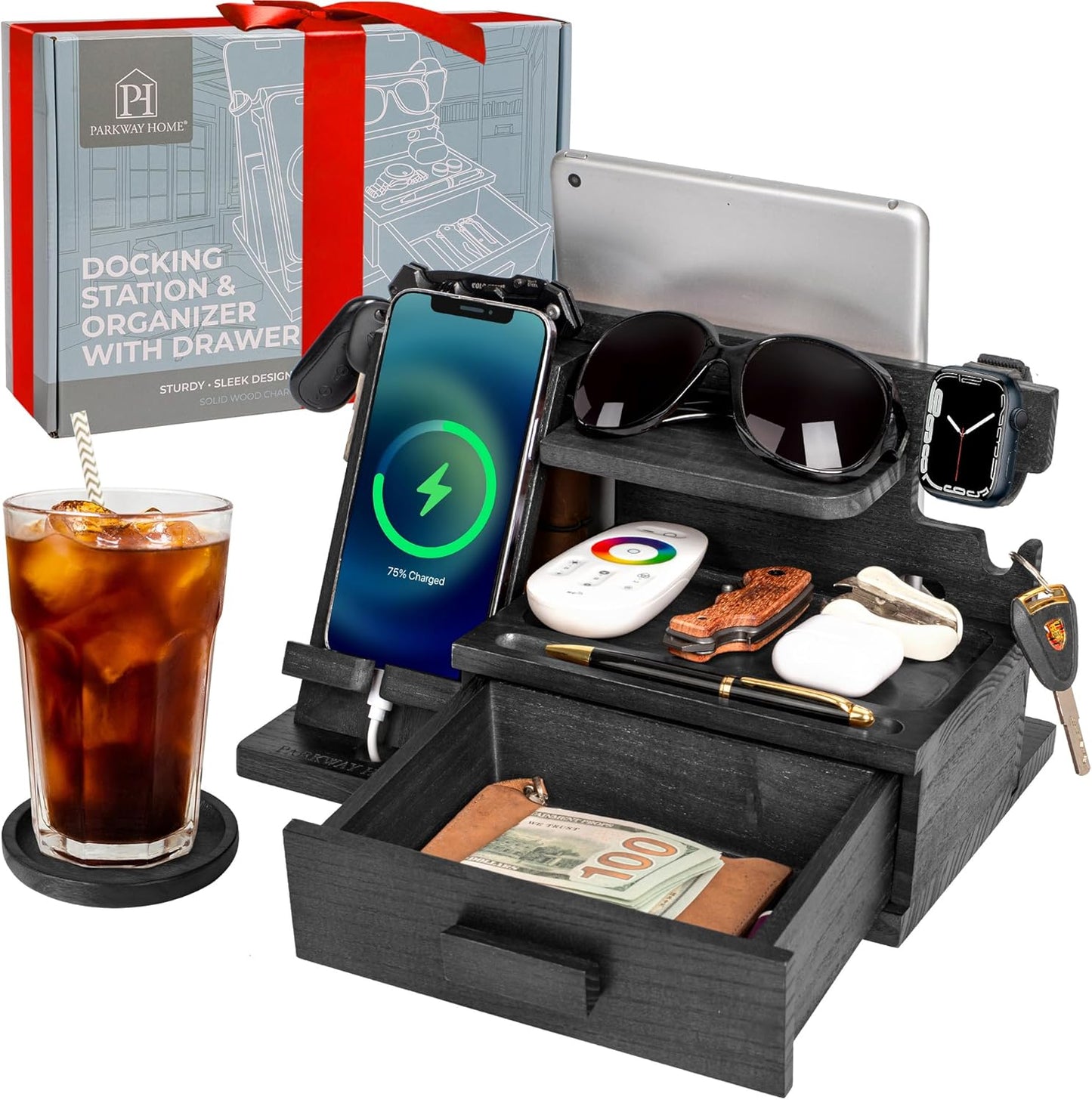 Parkway Home Wood Phone Docking Station with Drawer, Compatible with Apple Watch - Wood Charging Station Organizer Stand, Bedside Nightstand Organizer for Men, Holds Phone, Tablet, Keys, Glasses, EDC