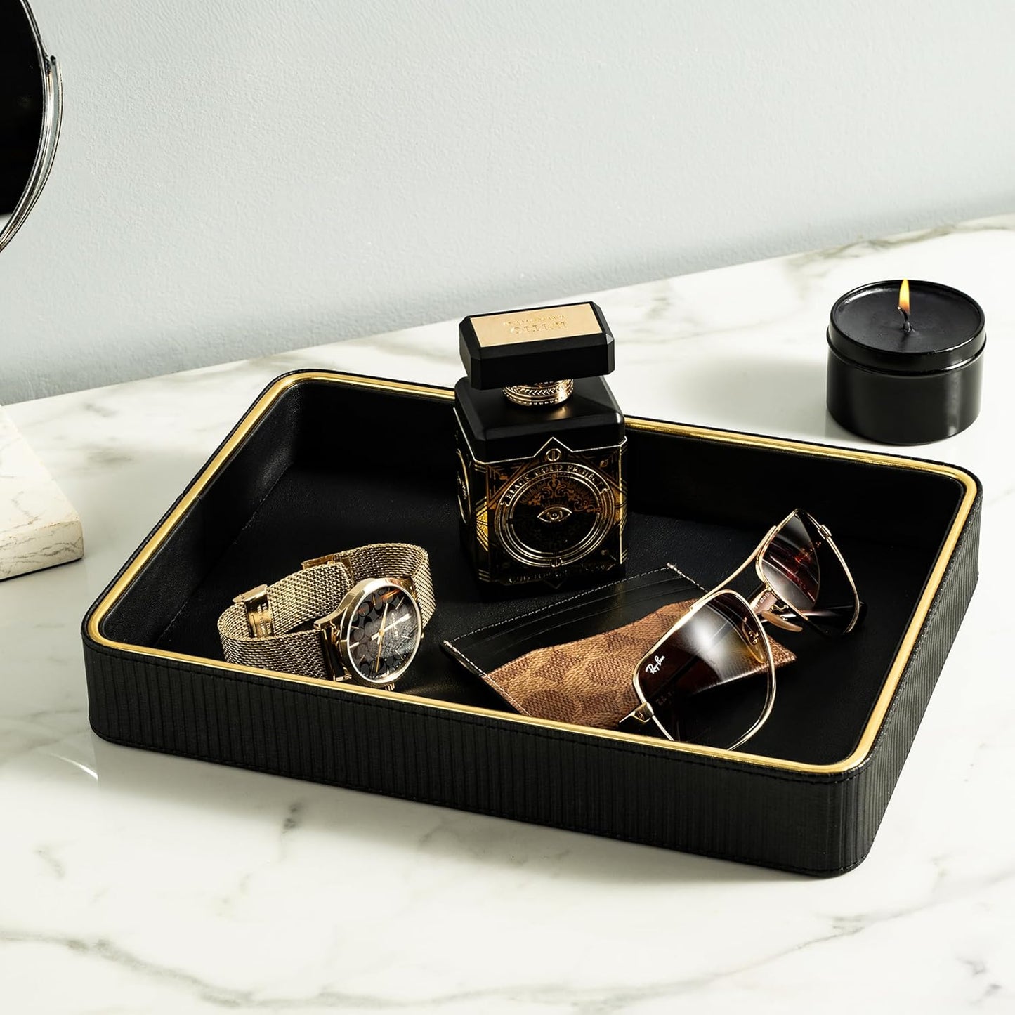 Leather Catchall Valet Tray for Men| Mens Valet Catch All Trays| Bedside Organizer for Nightstand| Cologne Tray for Men| Desk Trays Leather Tray Organizer (Black)