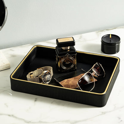 Leather Catchall Valet Tray for Men| Mens Valet Catch All Trays| Bedside Organizer for Nightstand| Cologne Tray for Men| Desk Trays Leather Tray Organizer (Black)
