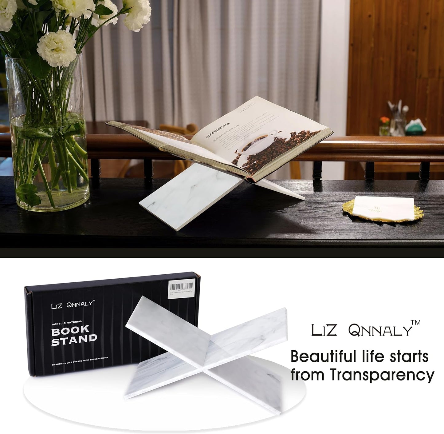Large Clear Acrylic Book Stand - Perfect for Displaying Open Books on Your Coffee Table - Ideal for Bibles, Cook Book, Guest Books, Magazines, with a Lucite Paperweight(Marble Pattern)