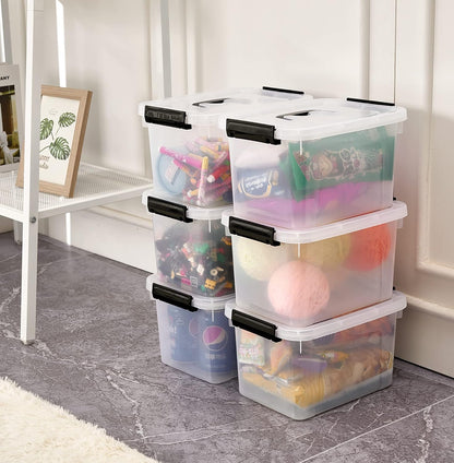 Stackable Plastic Black Storage Bins with Lids 6 Pack, 12 Quart Modular Organizer Boxes with Secure Latches for Closet, Pantry, Office and Small Item Storage