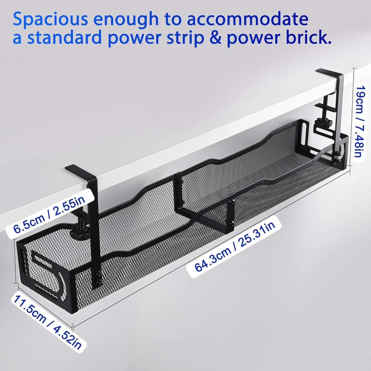 Under Desk Cable Management Box 25.3 Inch – Clamp-Mounted Cable Organizer Tray, Large Cord Management Box for Office & Home, Wire Organizer Under Desk Storage, White