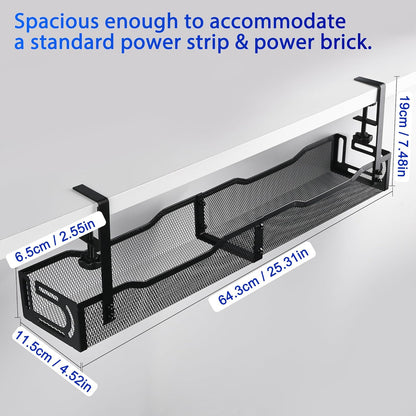Under Desk Cable Management Box 25.3 Inch – Clamp-Mounted Cable Organizer Tray, Large Cord Management Box for Office & Home, Wire Organizer Under Desk Storage, White
