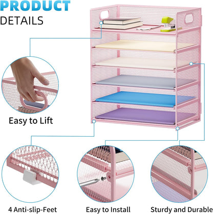 Marbrasse 6 Tier Paper Organizer Letter Tray - Mesh Desk File Organizer with Handle, Paper Sorter Organizer for Letter/A4 Office File Folder Holder - Black