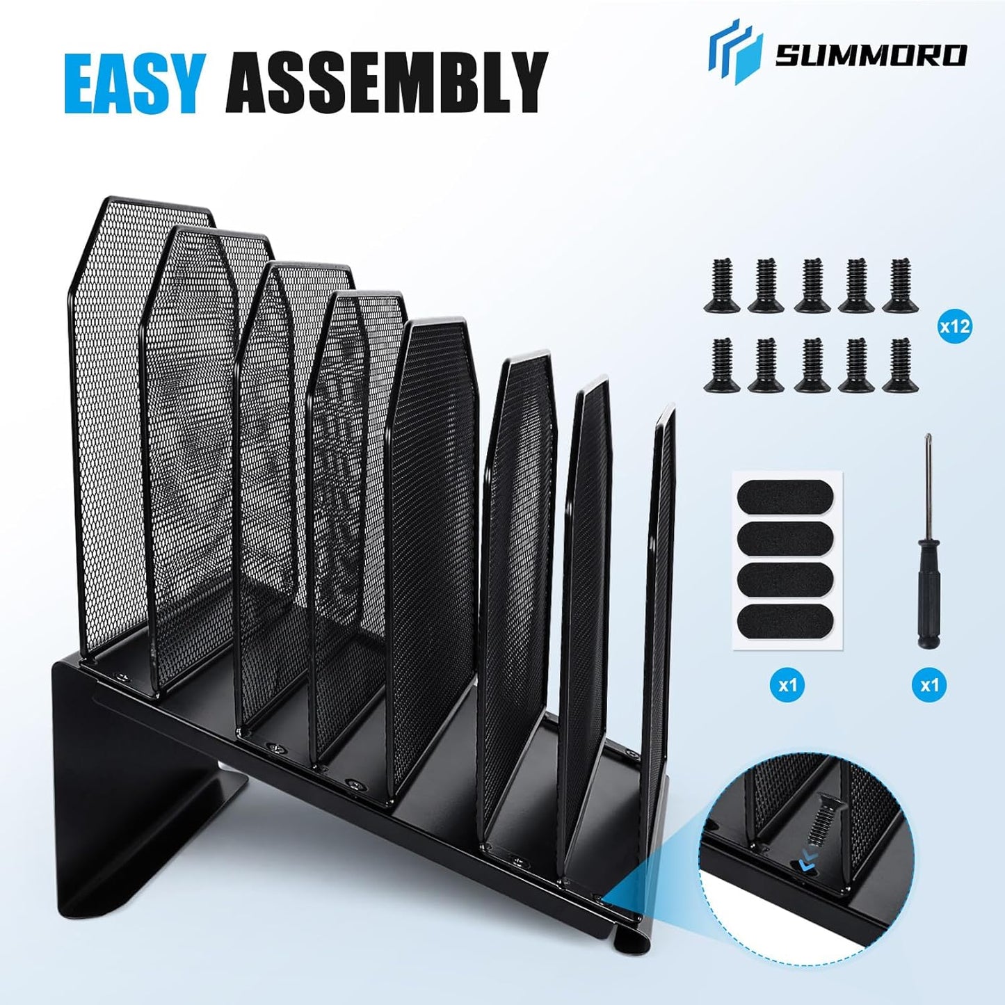 SUMMORO Inclined File Organizer for Desk, 7-Section Vertical File Folder Holder Office Desk Organizer Metal Rack File Wire Mesh Desktop Document Sorter for Office School Classroom Home (Black)