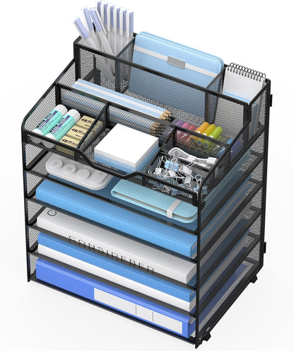 5 Tier Mesh Desk Organizer,Multi Functional Letter Paper Tray with 3 Pen Holders and 5 Adjustable Storage Compartments for Office Supplies Files and Mail Space Saving Desktop Organizer-Black