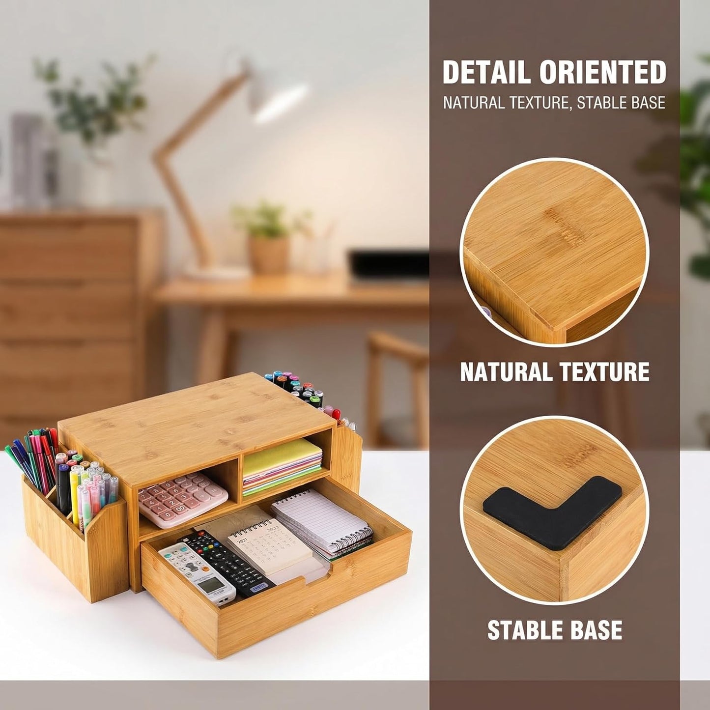 Hiceeden 2 Tier Bamboo Desktop Organizer, Desk Monitor Stand Riser with 1 Drawer and 2 Pen Holder, 2 Compartment Computer Desk Storage Organizer for Laptop, Printer