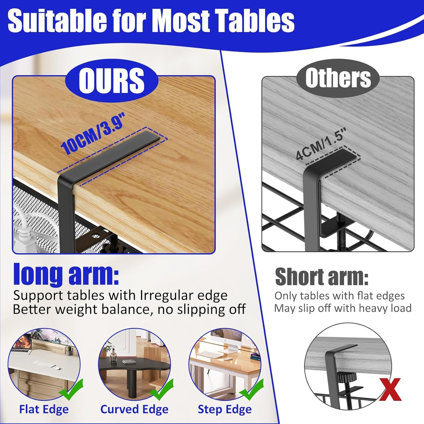 REFLYING Under Desk Cable Management Tray, Metal Long Arms (3.9in), No Drill Mesh Cable Tray, Wire Organizer, 1 Pack, Black