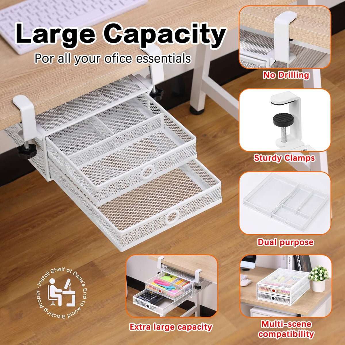 ROSYLINE Under Desk & Desktop Drawer Organizer - 2-Tier Metal Slide Out Drawers Organizer, Storage for Home Office Desk (Black)
